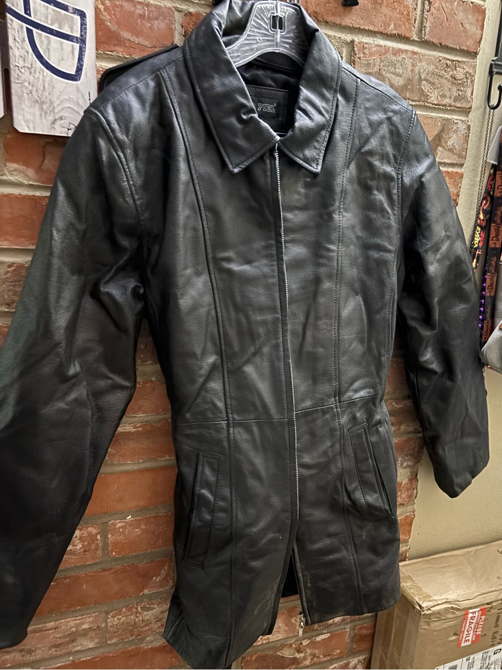 Black Leather Jacket - Classic Zip Front and Tie around Waist Oscar Piel